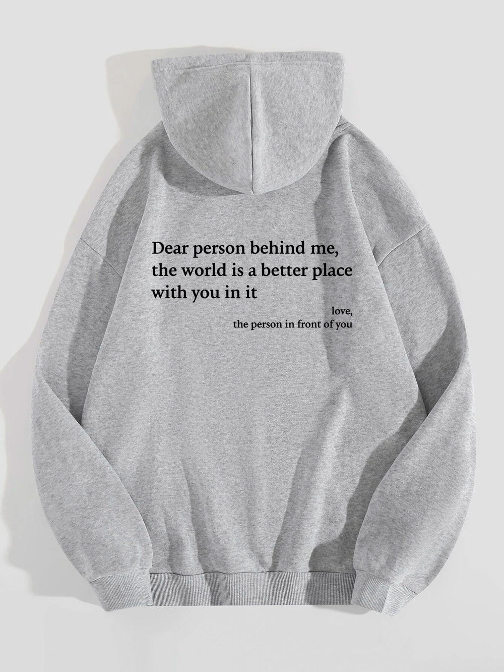 printed hoodie with pockets, gray pullover hoodie featuring inspirational quote on the back.