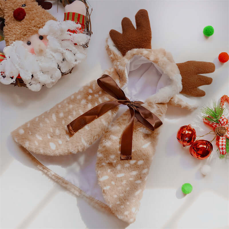 Christmas Pet Clothing Elk Cape Cloak in brown dot fabric with antlers and ribbon decoration.