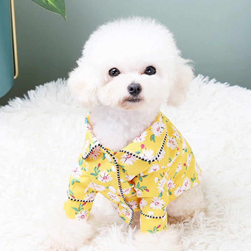 French Small Incense Style Fighting Pet Clothes Dog Pajamas in yellow floral design on a cute dog