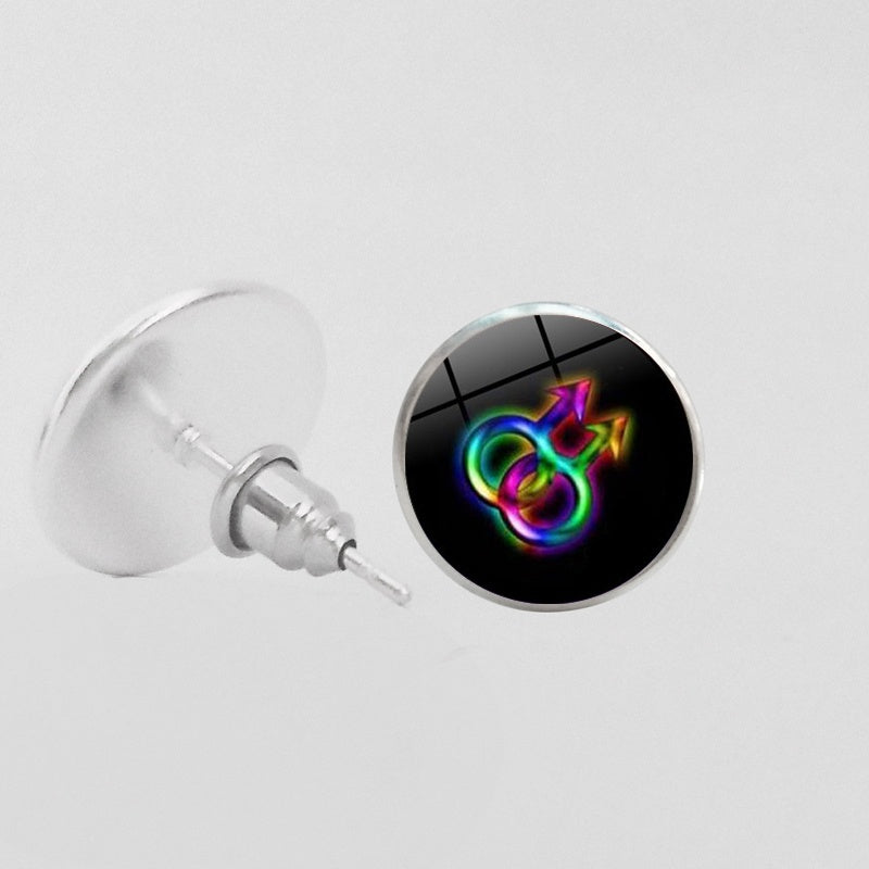LGBT Pride Round Glass Stud Earrings Gay Lesbian Bisexual Transgender Jewelry Accessories