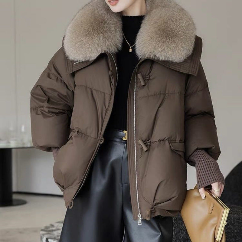 Down Cotton-padded Jacket Women's Short Fur Collar Thickened Coat in stylish brown worn by a model.