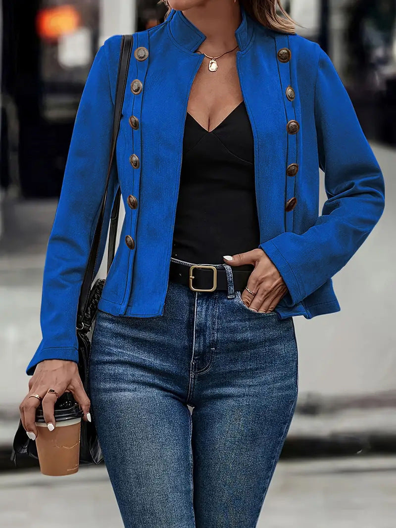 Double-row Metal Buckle Deerskin Velvet Retro Long-sleeved Coat in blue worn with jeans