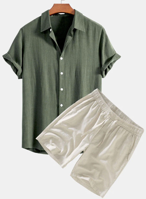 Men's Solid Color Casual Short-sleeved Shirt Shorts Suit in green and beige, perfect for a laid-back summer outfit.