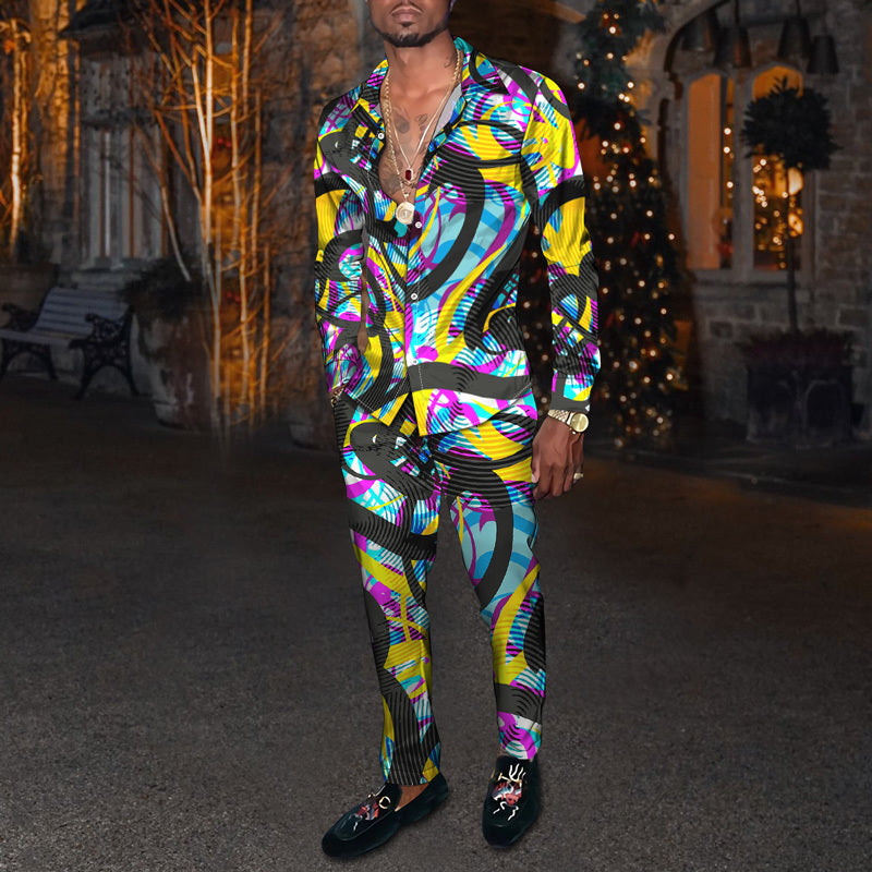 Men's Fashion Casual 3D Colorful Print Long Sleeve Shirt Set