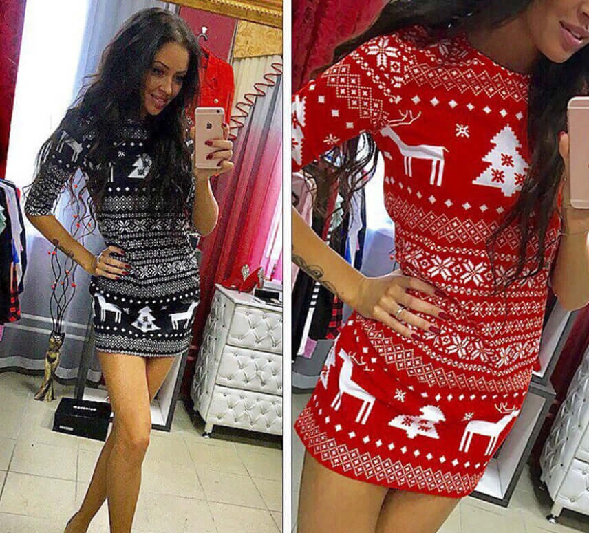 Christmas Jumper Sweater Christmas Deer Warm Knitted Top Plus Size in black and red designs on model.