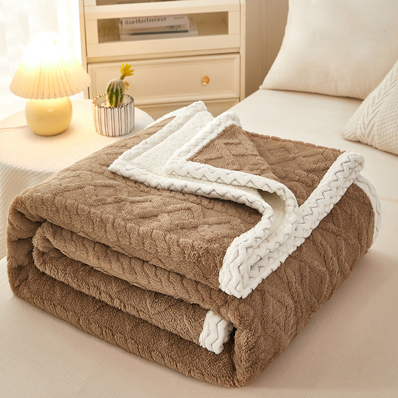 Blanket Double Thickened Warm Coral Fleece Sofa Blanket in soft brown color displayed on a couch.