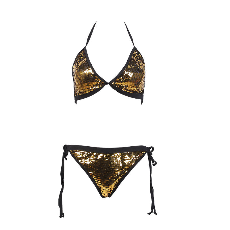 Triangle flash diamond breathable bikini in black with gold sequins, perfect for summer fashion and holiday parties.