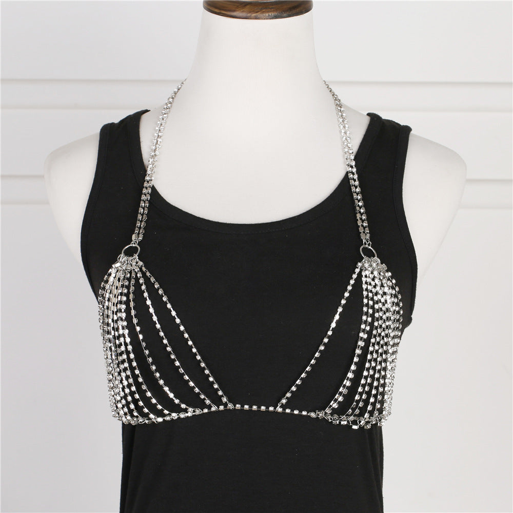 Sexy Diamond Chain Bikini Chest Chain in rhinestone and alloy, perfect for fashion jewellery and Christmas fashion.