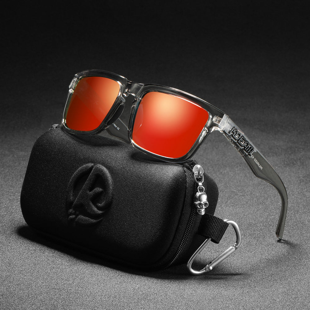 Men And Women Dazzling Color Polarized Sunglasses in stylish case with red mirrored lenses.