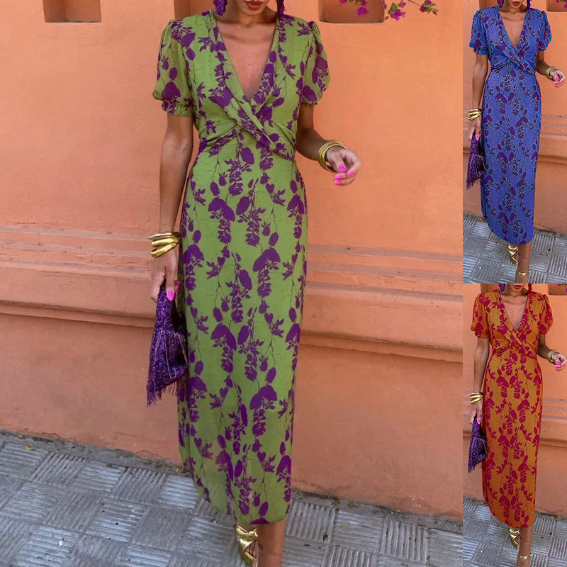 Summer V-neck Short-sleeved Dress Fashion Flowers Printed Slim Beach Dresses For Women Clothing in green and other colors.