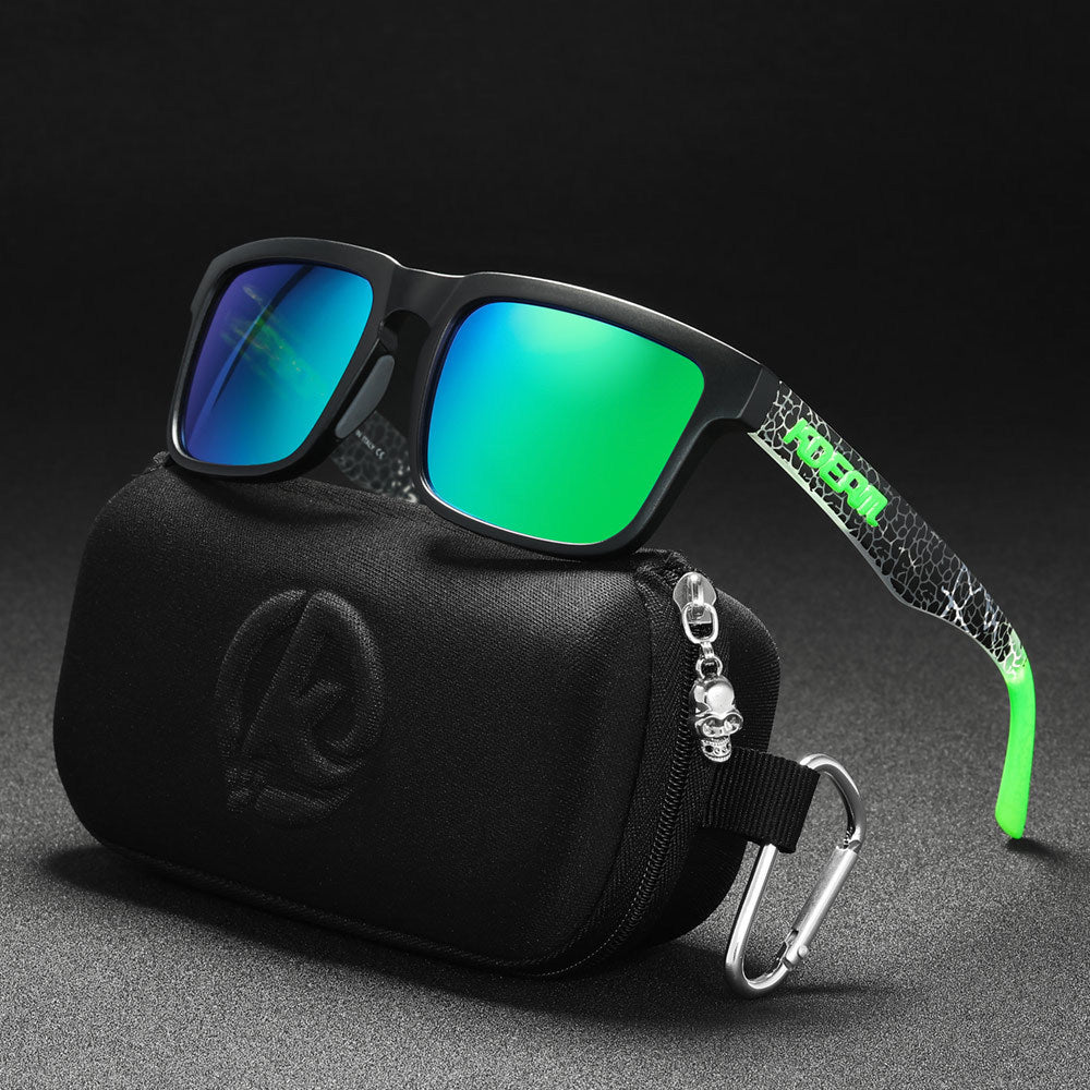 Men And Women Dazzling Color Polarized Sunglasses with green mirrored lenses and a black case.