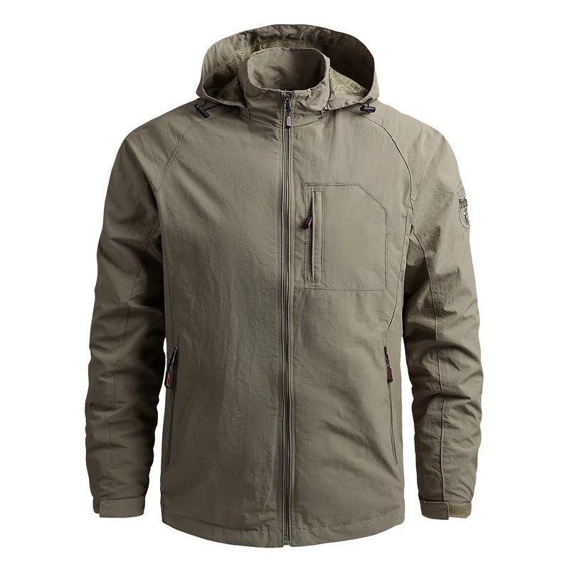 Men's Fashion Solid Color Single Outdoor Jacket in olive green with a hood and zippered front.