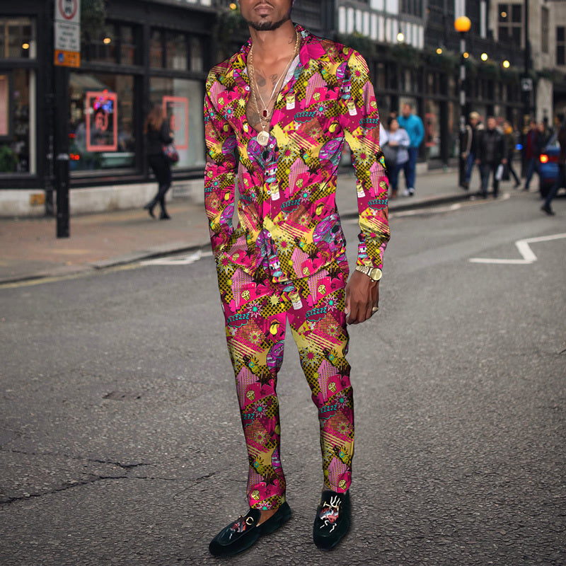 Men's Fashion Casual 3D Colorful Print Long Sleeve Shirt Set