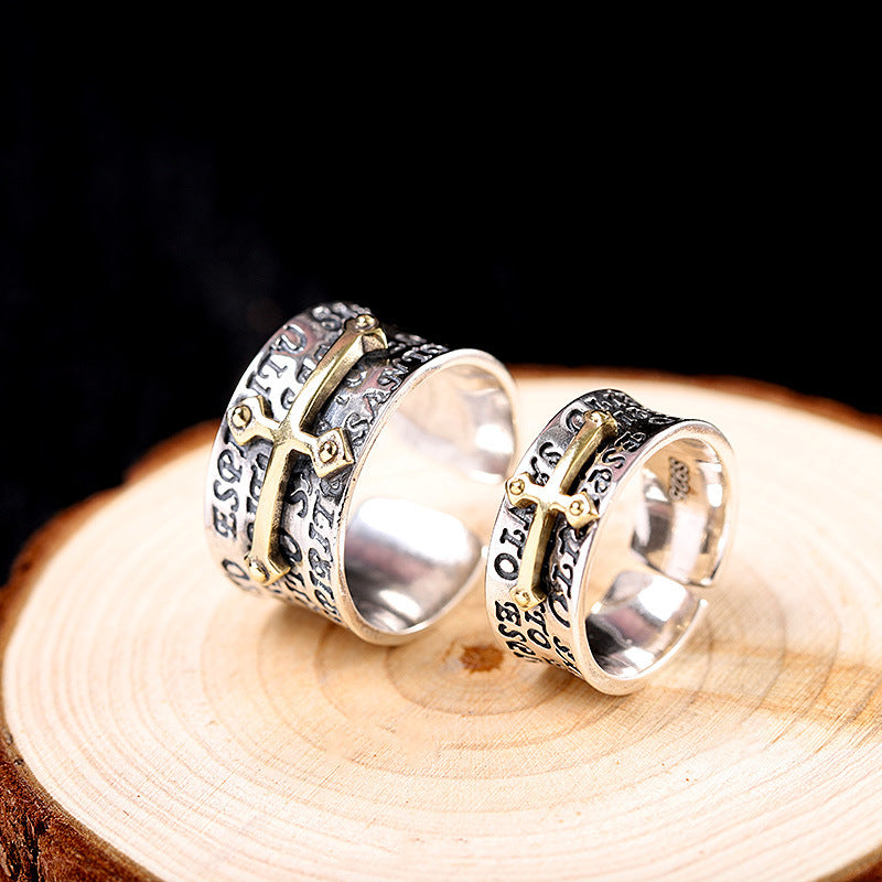 Character Thai S925 Silver Jewelry rings on wooden surface, showcasing geometric design and adjustable sizes.
