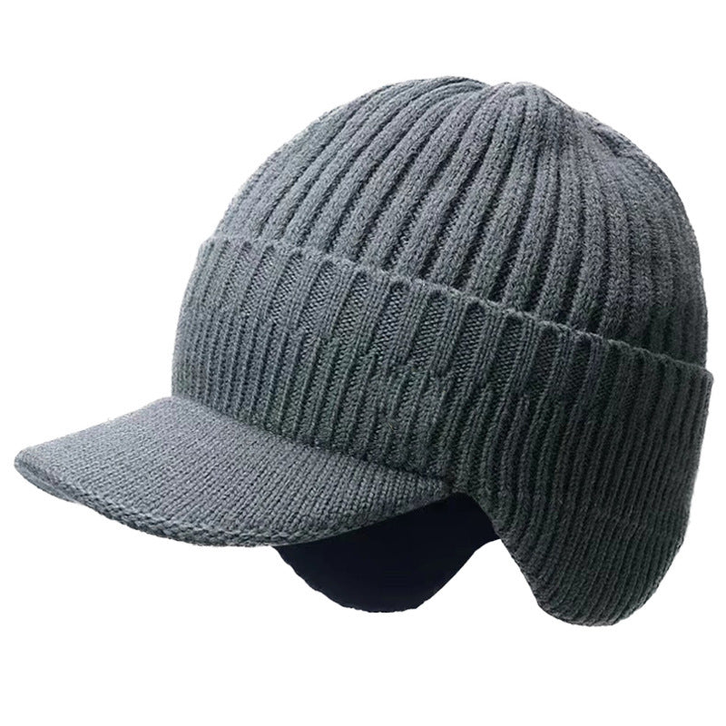 Warm Ear Protection Hat Men's Thickened Woolen Cap in gray with ear flaps and ribbed design.