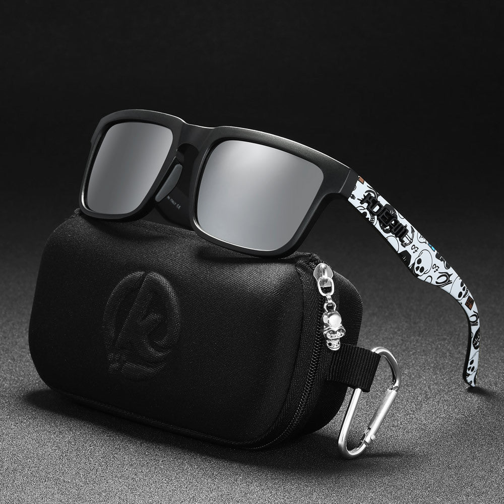 Men And Women Dazzling Color Polarized Sunglasses with a stylish black case and unique patterned arms.