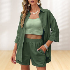 Women's Casual Loose Short Sleeves Shorts Suit in army green with 3/4 sleeve shirt and shorts, perfect for summer fashion.