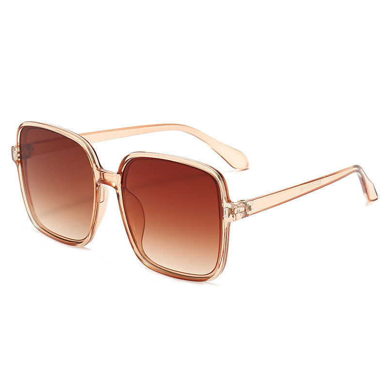 Men And Women With Fashion Simple Sunglasses in transparent pink frames with gradient brown lenses.