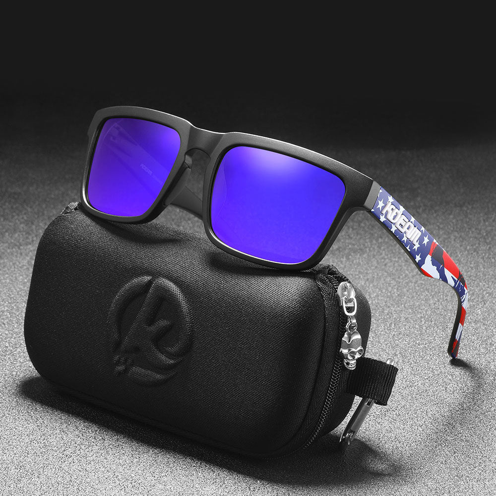 Men And Women Dazzling Color Polarized Sunglasses with stylish case and purple lenses on display.
