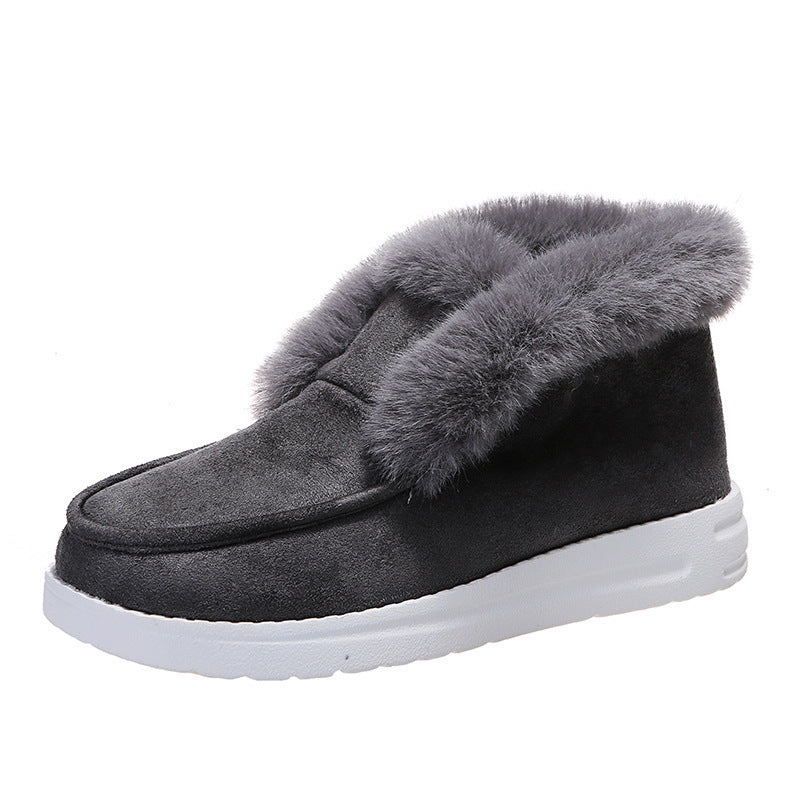 women's winter snow boots Plush Flat Thickened warm with stylish design and warm velvet lining in gray color.