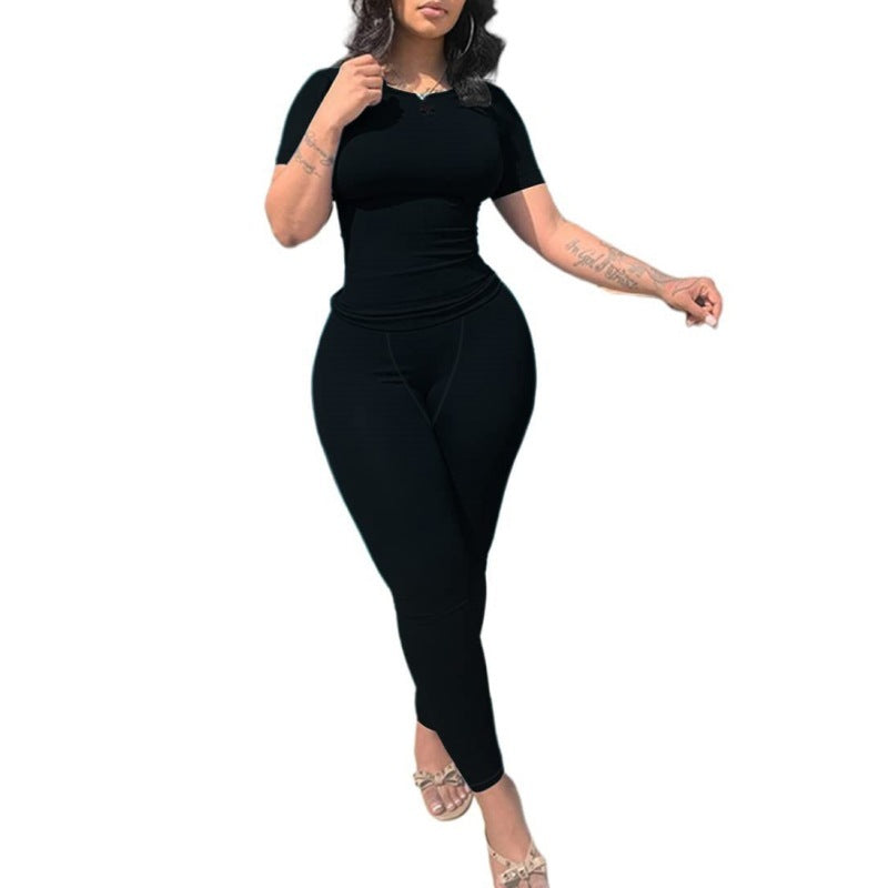 Short Sleeved Pants in black, stylish set with short sleeves and long pants for casual wear.