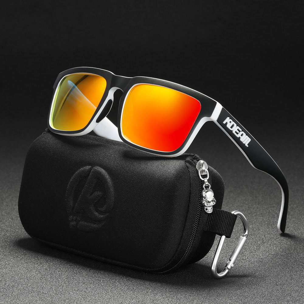 Men And Women Dazzling Color Polarized Sunglasses with case and carabiner on black background