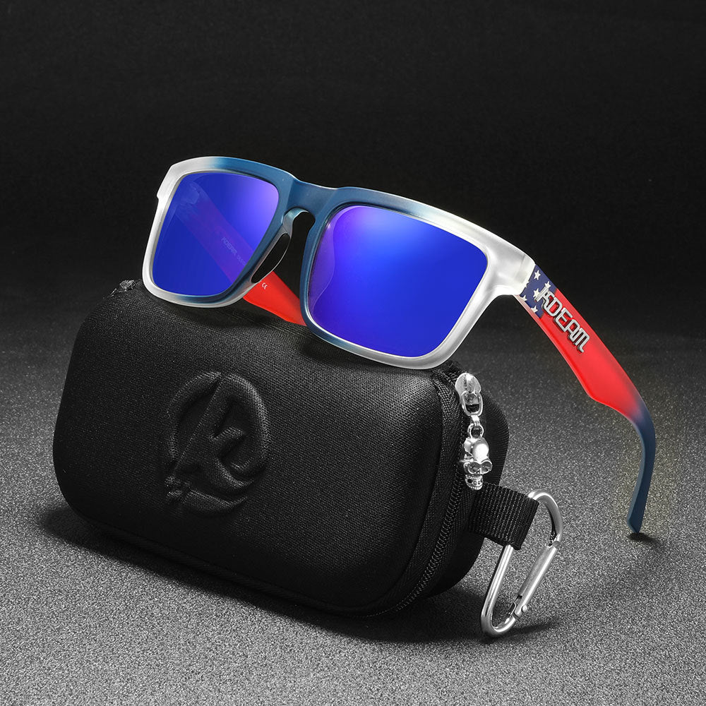Men And Women Dazzling Color Polarized Sunglasses with blue lens and protective case.