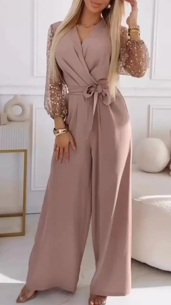 Sequined Top Wide Leg Pants Casual Suit Women in pink color with puff sleeves, stylish and fashionable outfit.