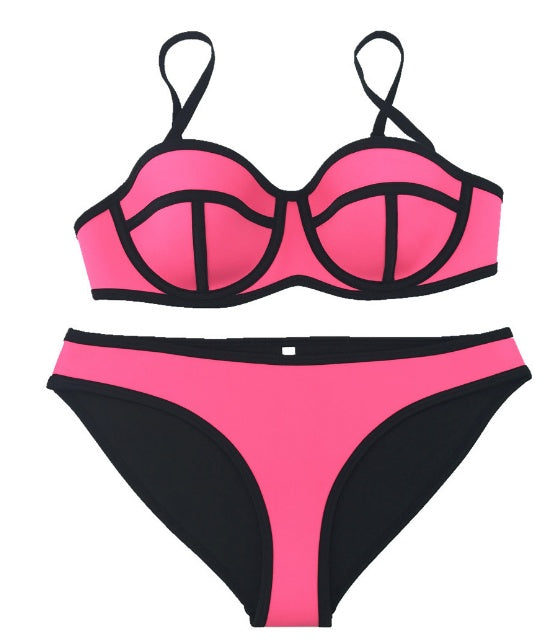 New Style Neoprene Screened Bikini Ladies Swimwear Swimsuit in vibrant pink and black design.