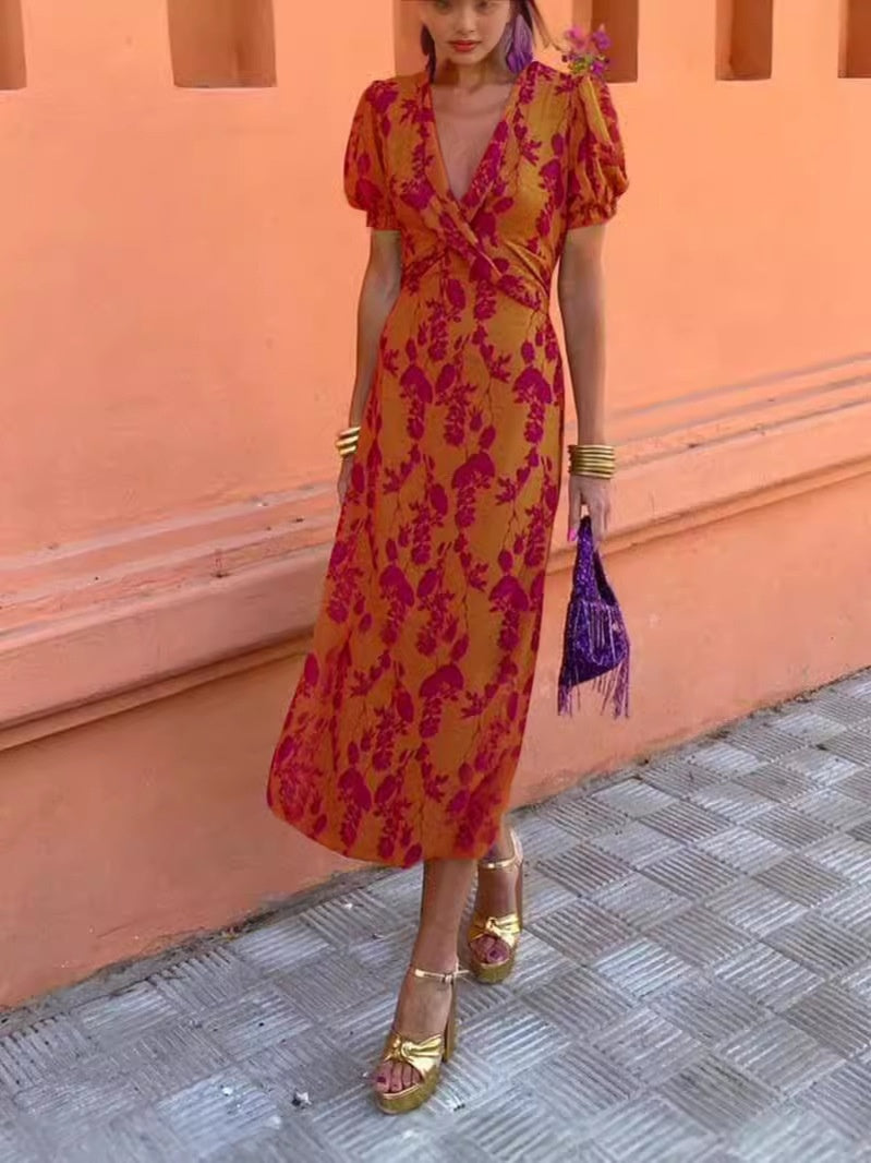 Summer V-neck Short-sleeved Dress Fashion Flowers Printed Slim Beach Dresses For Women Clothing displayed on model in vibrant colors.