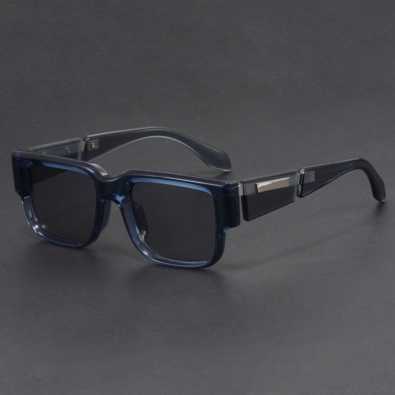Gray Blue Square Thick Frame Sunglasses UV-proof Retro Simple Sun Glasses on a dark background