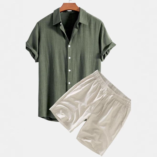 Men's Solid Color Casual Short-sleeved Shirt Shorts Suit in green and beige, perfect for young and casual fashion.