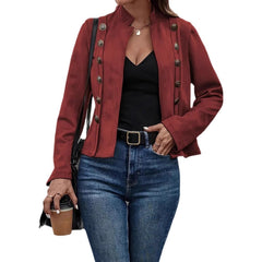 Double-row Metal Buckle Deerskin Velvet Retro Long-sleeved Coat in red worn with blue jeans and black top