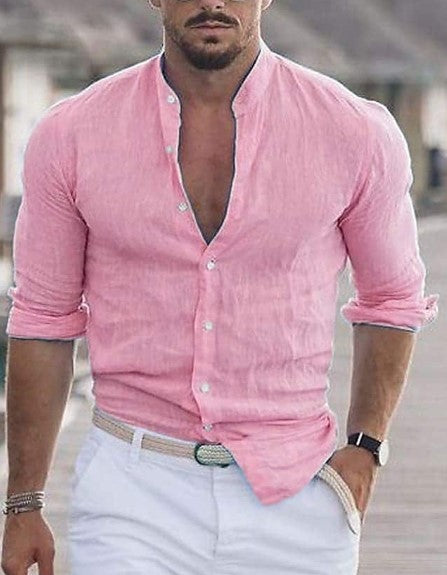Men's Long Sleeve Shirt With Button Casual Solid Color Tops For Spring Autumn in pink, stylish and comfortable for casual wear.