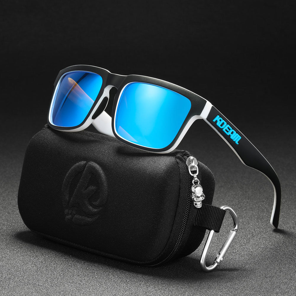 Men And Women Dazzling Color Polarized Sunglasses with blue lenses and protective case on a dark background.