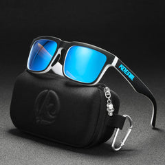 Men And Women Dazzling Color Polarized Sunglasses with blue lenses and protective case on a dark background.