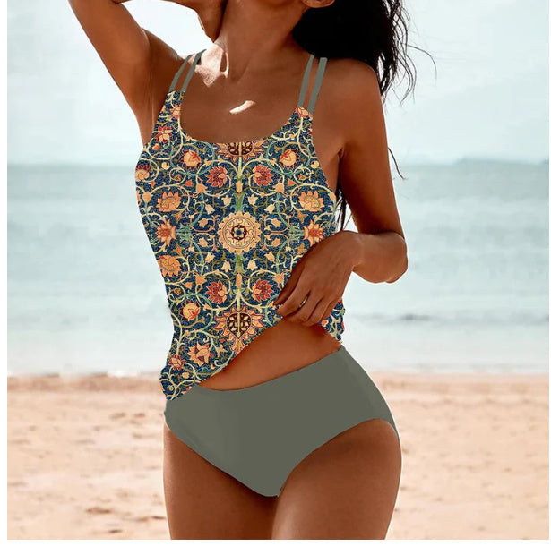 Vintage Printed Split High Waist Conservative Swimwear model wearing floral swimwear at the beach