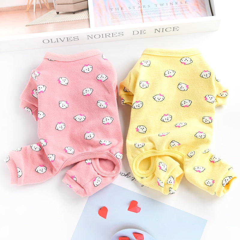Cotton Cute Pet Pajamas Puppy Dog Clothes Spring And Autumn in pink and yellow colors with cute bear prints.