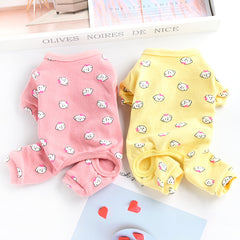 Cotton Cute Pet Pajamas Puppy Dog Clothes Spring And Autumn in pink and yellow colors with cute bear prints.