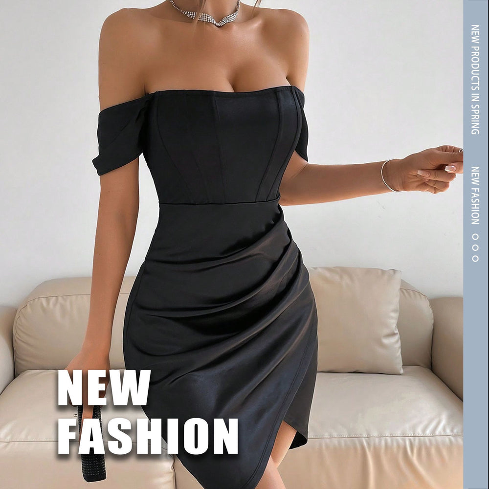 Off-shoulder Collar Spring Women's Mid-length Dress in black with stylish design and trendy accessories.