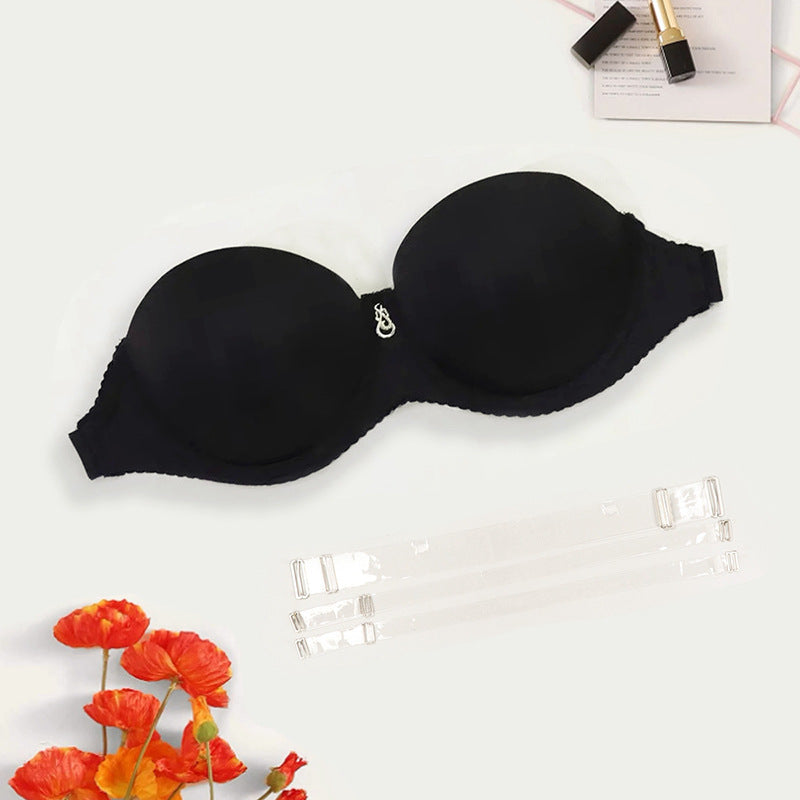 European And American Ladies Transparent Push Up Bras in black with detachable straps and smooth cup design.