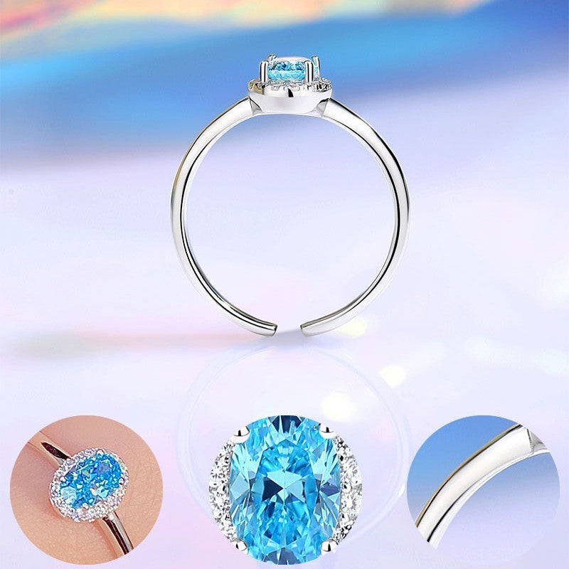 S925 Sterling Silver Ring Female Niche Advanced with blue stone in fashion jewellery style