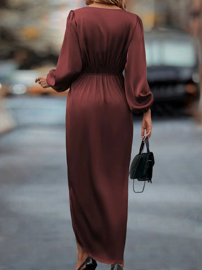 Back view of women wearing Temperament Pure Color Waist-tight Split V-neck Dress Women in wine red.