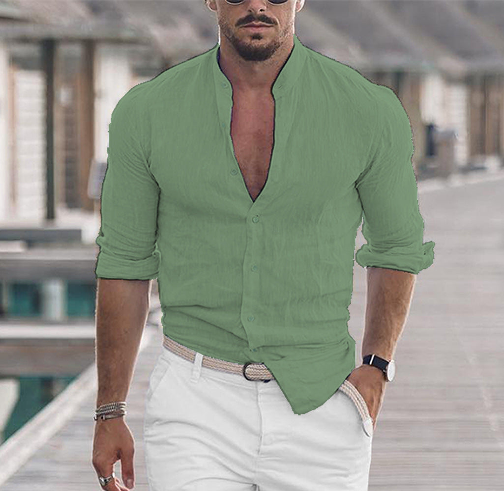 Men's Long Sleeve Shirt With Button Casual Solid Color Tops For Spring Autumn in green