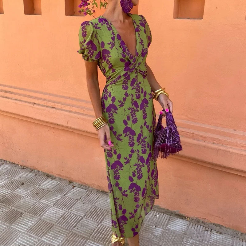 Summer V-neck Short-sleeved Dress Fashion Flowers Printed Slim Beach Dresses For Women Clothing in green and purple flower pattern.