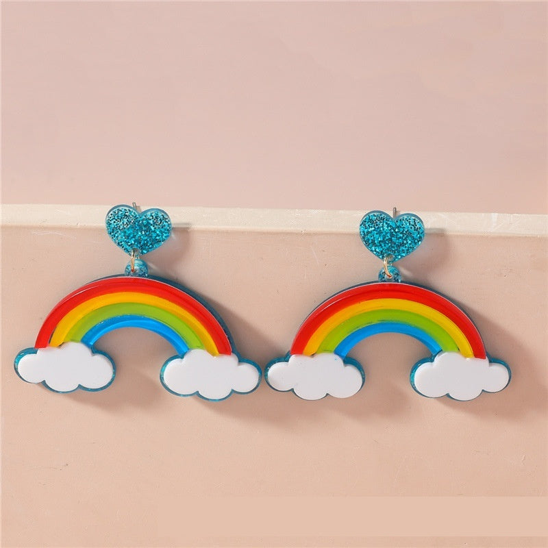 Multi-layer Stereo Acrylic Rainbow White Clouds Heart-shaped Earrings showcasing colorful design and trendy style.