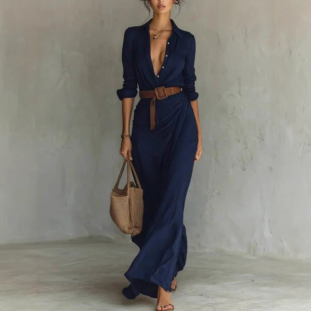 Irregular Long Dress With Belt Fashion And Elegant Button Lapel Long-sleeved Shirt For Women in navy blue.