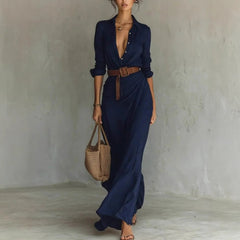 Irregular Long Dress With Belt Fashion And Elegant Button Lapel Long-sleeved Shirt For Women in navy blue.