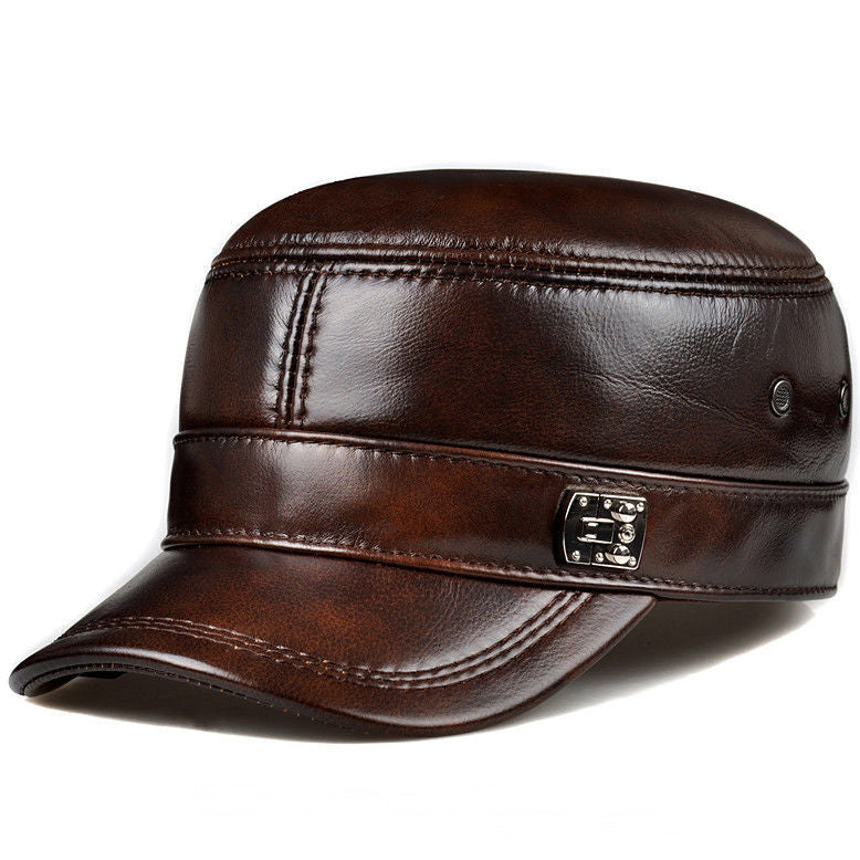 Leather Hat For Men's Warm Flat Top Ear Protection