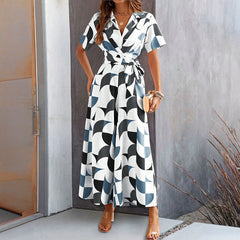 Women's Short Sleeve Printing Color Contrast High Waist Jumpsuit